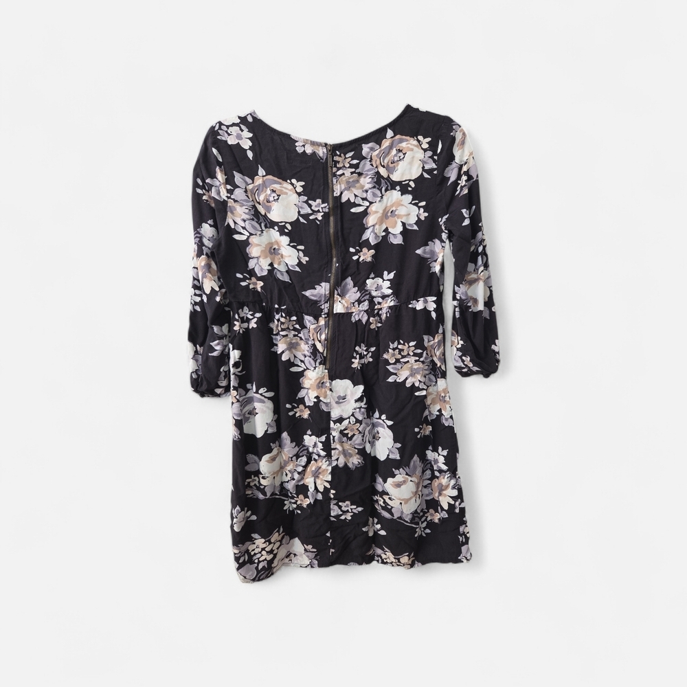 Old Navy Black Floral Print Three Quarter Sleeve Dress Small - Picture 2 of 8